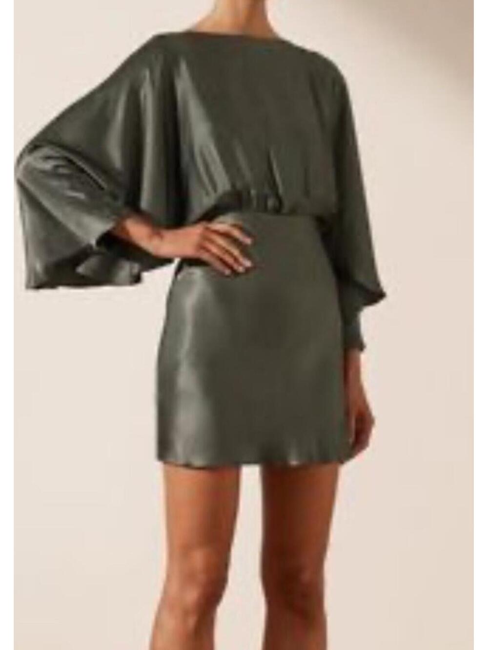 Shona Joy Olive Green La Lune Open Back Curved Sleeve Mini Dress Sz 8 NWT